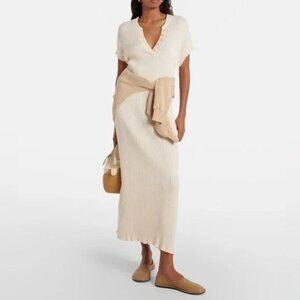 Varley Aria Cream Ribbed-Knit Short Sleeve V Neck Relaxed Long Midi Dress Size L